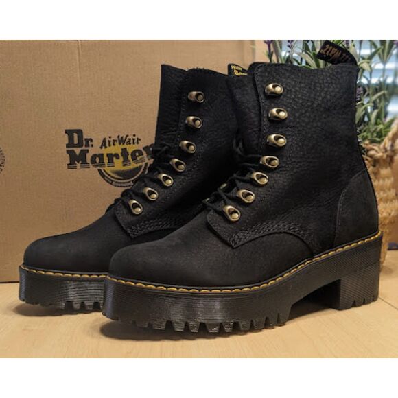 Dr. Martens Women's Black Nubuck Leather Leona Platform Combat Boots UK7 W9 NIB - Picture 1 of 13